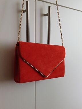 Red Orange Suede Envelope Clutch with Gold Chain Strap